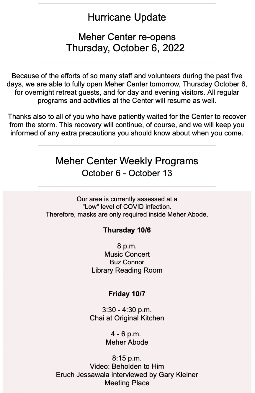 Weekly Calendar Meher Spiritual Center