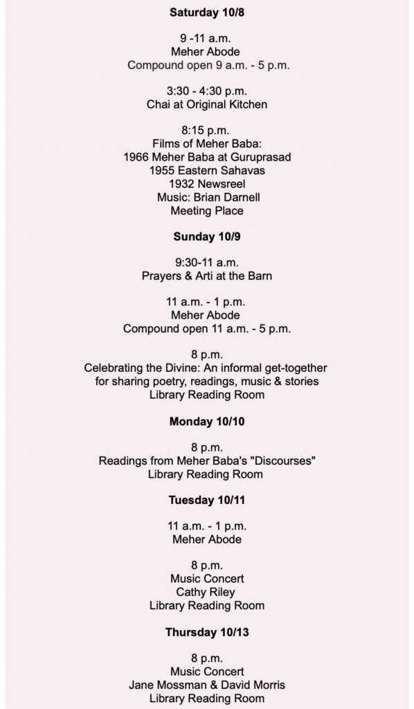 Weekly Calendar Meher Spiritual Center